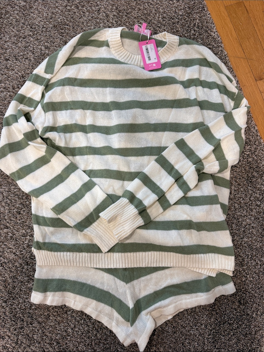 Edikted Cream & Sage Striped Knit Crewneck Set